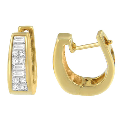 Pair of yellow metal earrings shown from front and side angles, featuring a rectangular section with channel-set baguette-shaped white gemstones and invisibly set princess-shaped white gemstones.