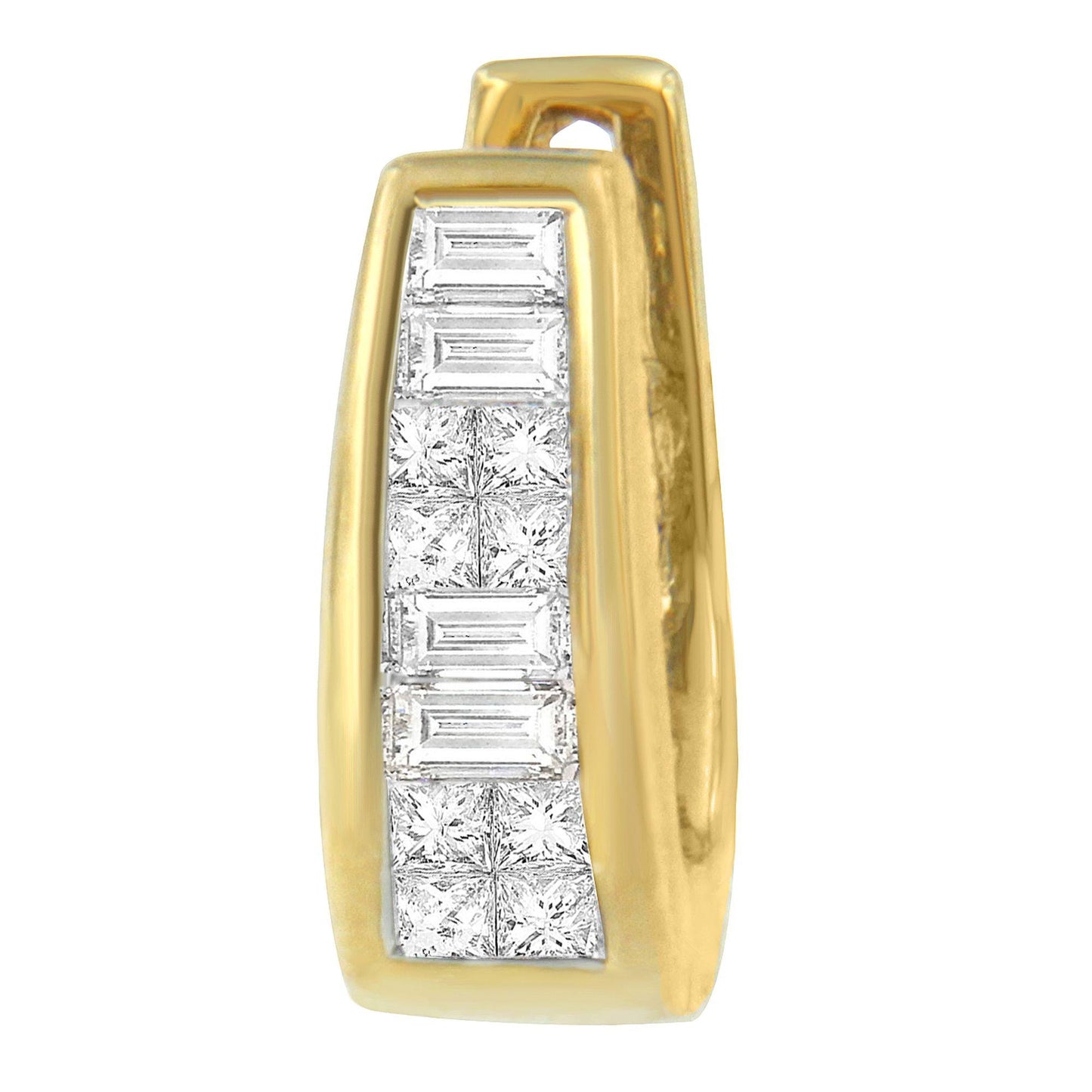 Close-up front view of a yellow metal earring featuring channel-set white baguette-shaped gemstones and invisible-set white princess-shaped gemstones in a rectangular design.