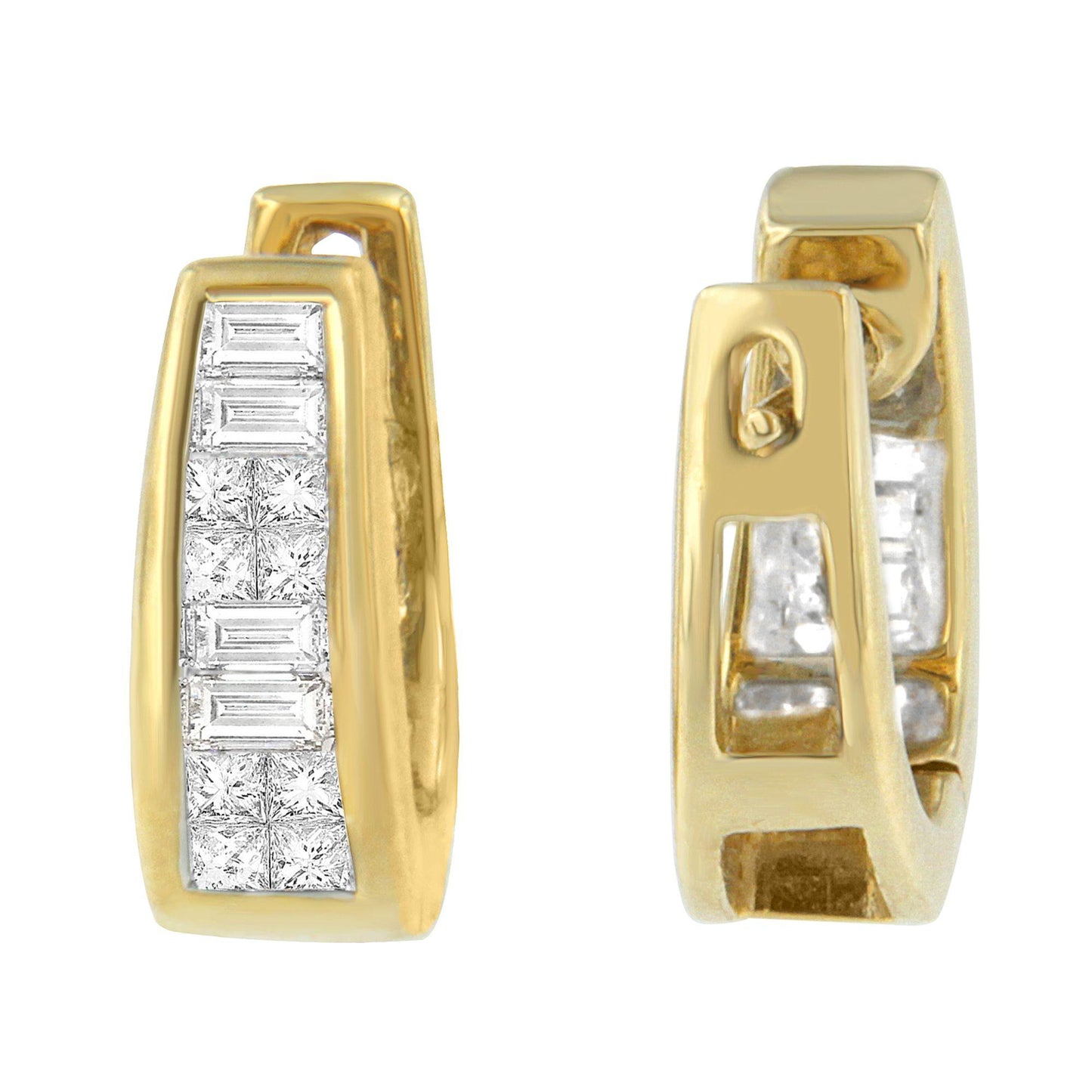 Front and side views of yellow metal earrings with channel set baguette-shaped white gemstones and invisible-set princess-shaped white gemstones on the front band.