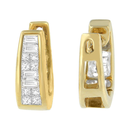 Front and side views of yellow metal earrings with channel set baguette-shaped white gemstones and invisible-set princess-shaped white gemstones on the front band.