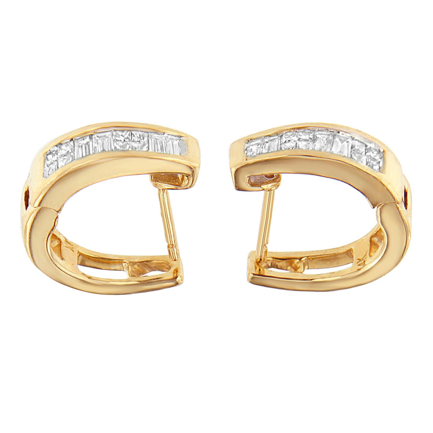 Pair of yellow metal hoop earrings with channel-set baguette and invisible-set princess white gemstones, shown from the front on a white background.