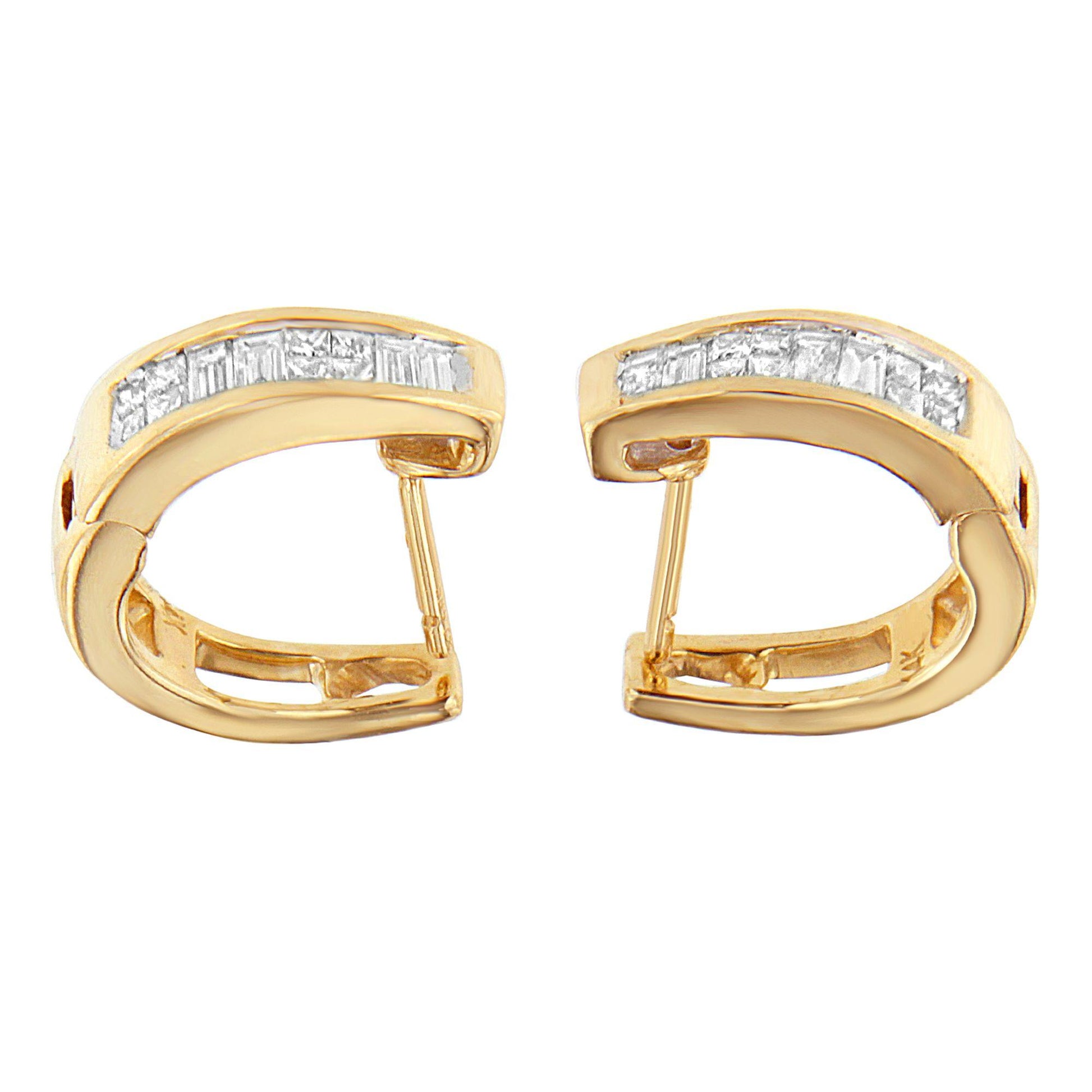 Pair of yellow metal hoop earrings with channel-set baguette and invisible-set princess white gemstones, shown from the front on a white background.