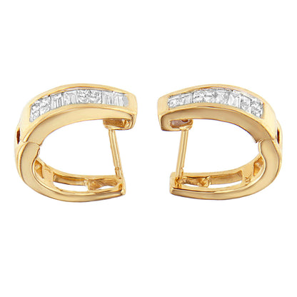 Pair of yellow metal hoop earrings with channel-set baguette and invisible-set princess white gemstones, shown from the front on a white background.