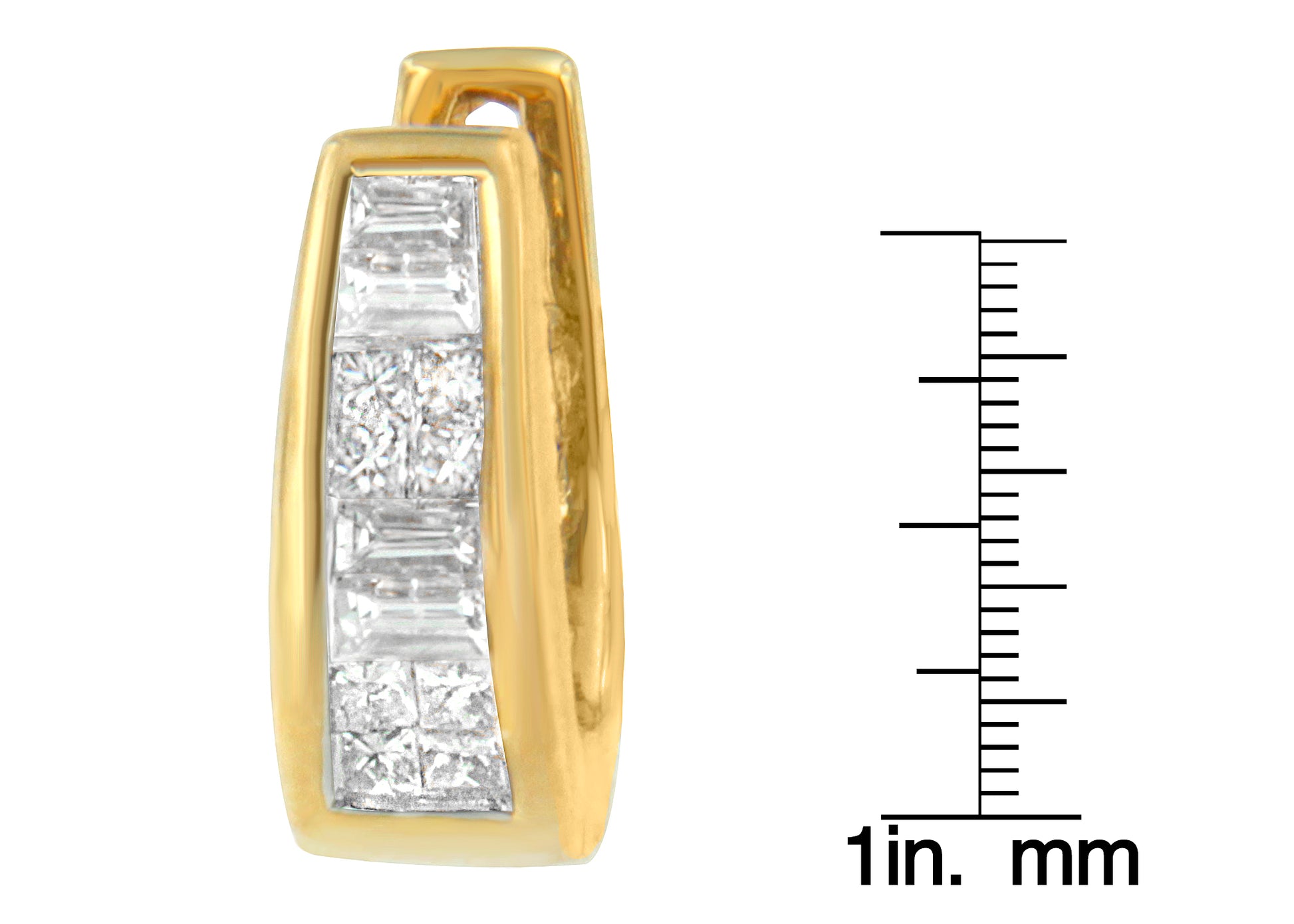 Yellow metal earring with white baguette and princess shape gemstones set in channel and invisible settings, shown from front angle next to a ruler for size reference.