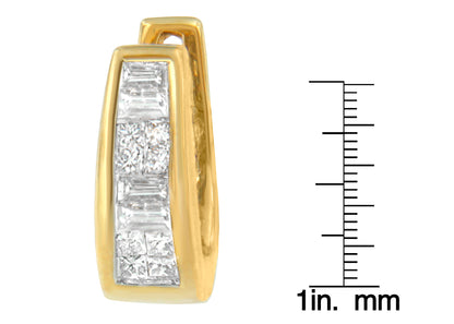 Yellow metal earring with white baguette and princess shape gemstones set in channel and invisible settings, shown from front angle next to a ruler for size reference.