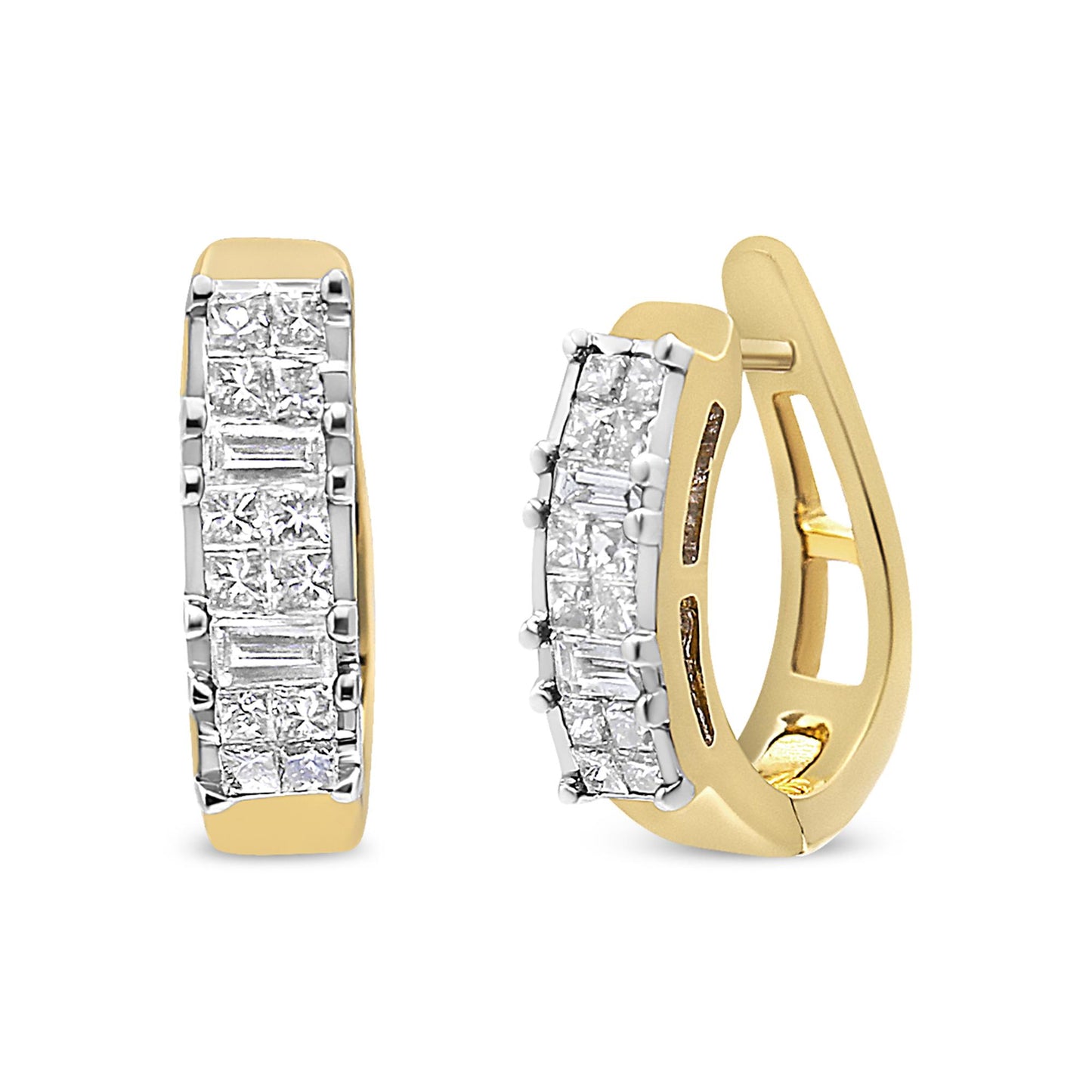 Yellow metal hoop earrings with rows of white gemstones in baguette and princess shapes, shown from a front and angled side view.