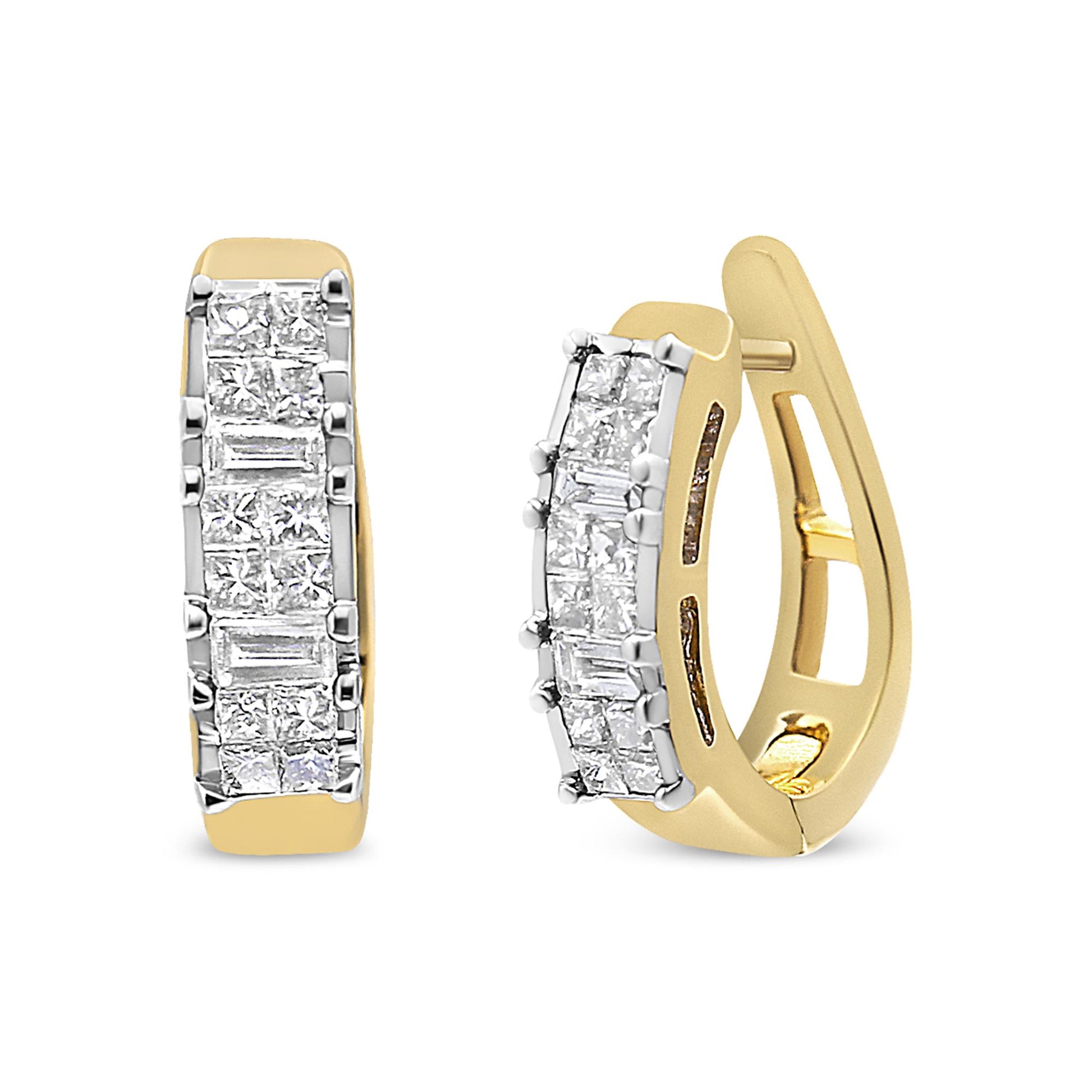 Yellow metal hoop earrings with rows of white gemstones in baguette and princess shapes, shown from a front and angled side view.