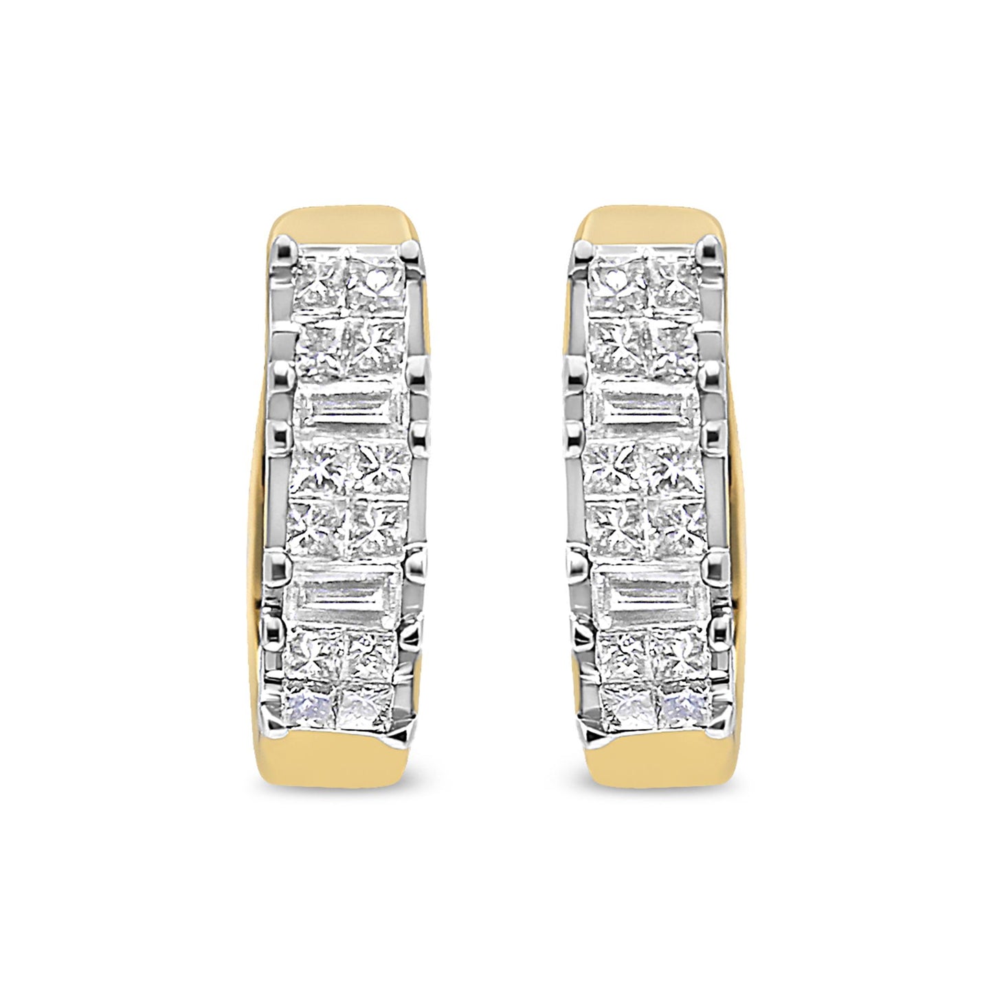 Front-facing shot of yellow metal hoop earrings featuring rows of white gemstones in baguette and princess shapes with prong and invisible settings.