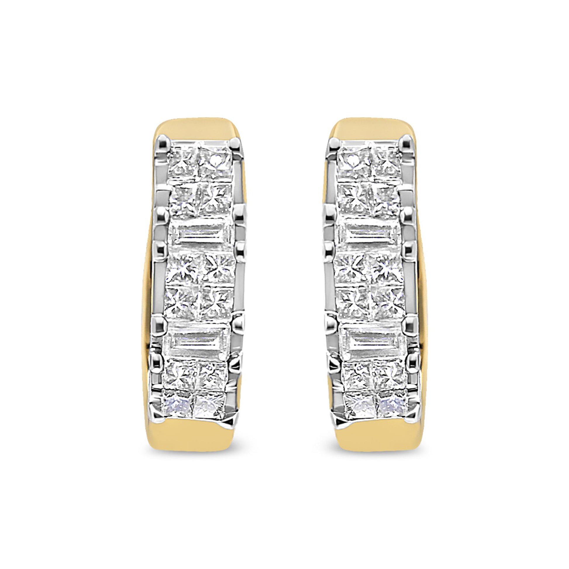 Front-facing shot of yellow metal hoop earrings featuring rows of white gemstones in baguette and princess shapes with prong and invisible settings.