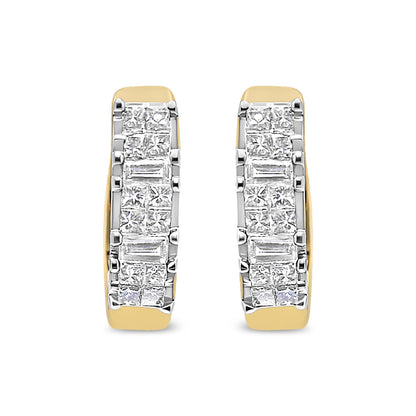 Front-facing shot of yellow metal hoop earrings featuring rows of white gemstones in baguette and princess shapes with prong and invisible settings.