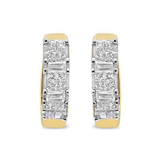 Front-facing shot of yellow metal hoop earrings featuring rows of white gemstones in baguette and princess shapes with prong and invisible settings.