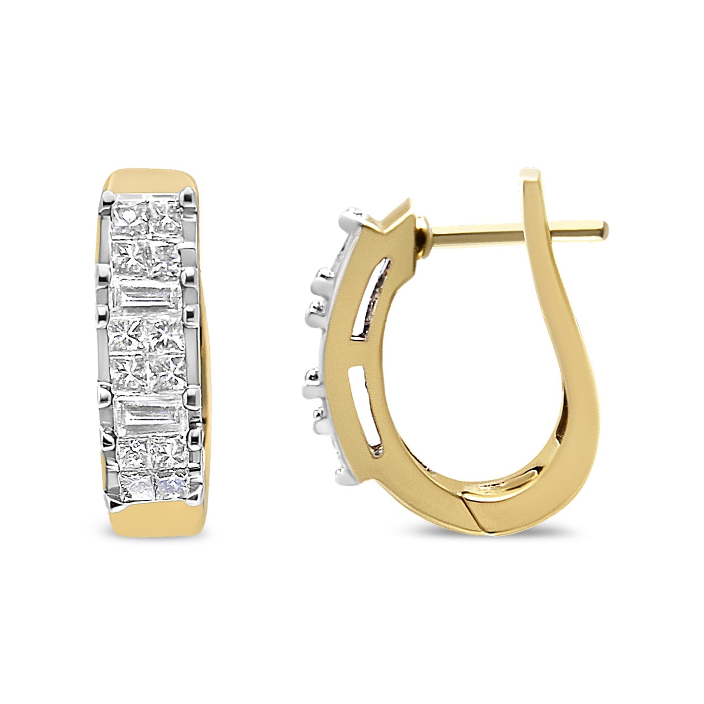 Close-up front and side view of yellow metal hoop earrings with white baguette and princess shape gemstones in prong and invisible settings.