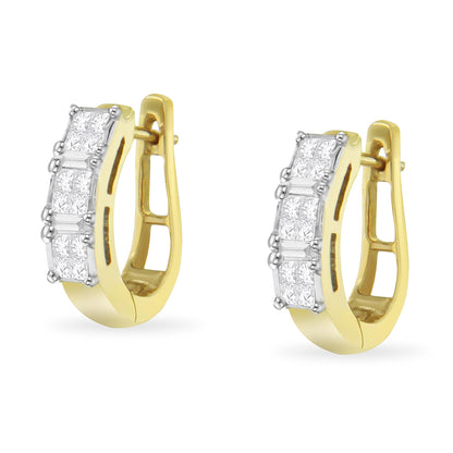 Pair of yellow metal hoop earrings with front-facing white gemstones in baguette shape with prong settings and princess shape with invisible settings, shown at a slight angle.