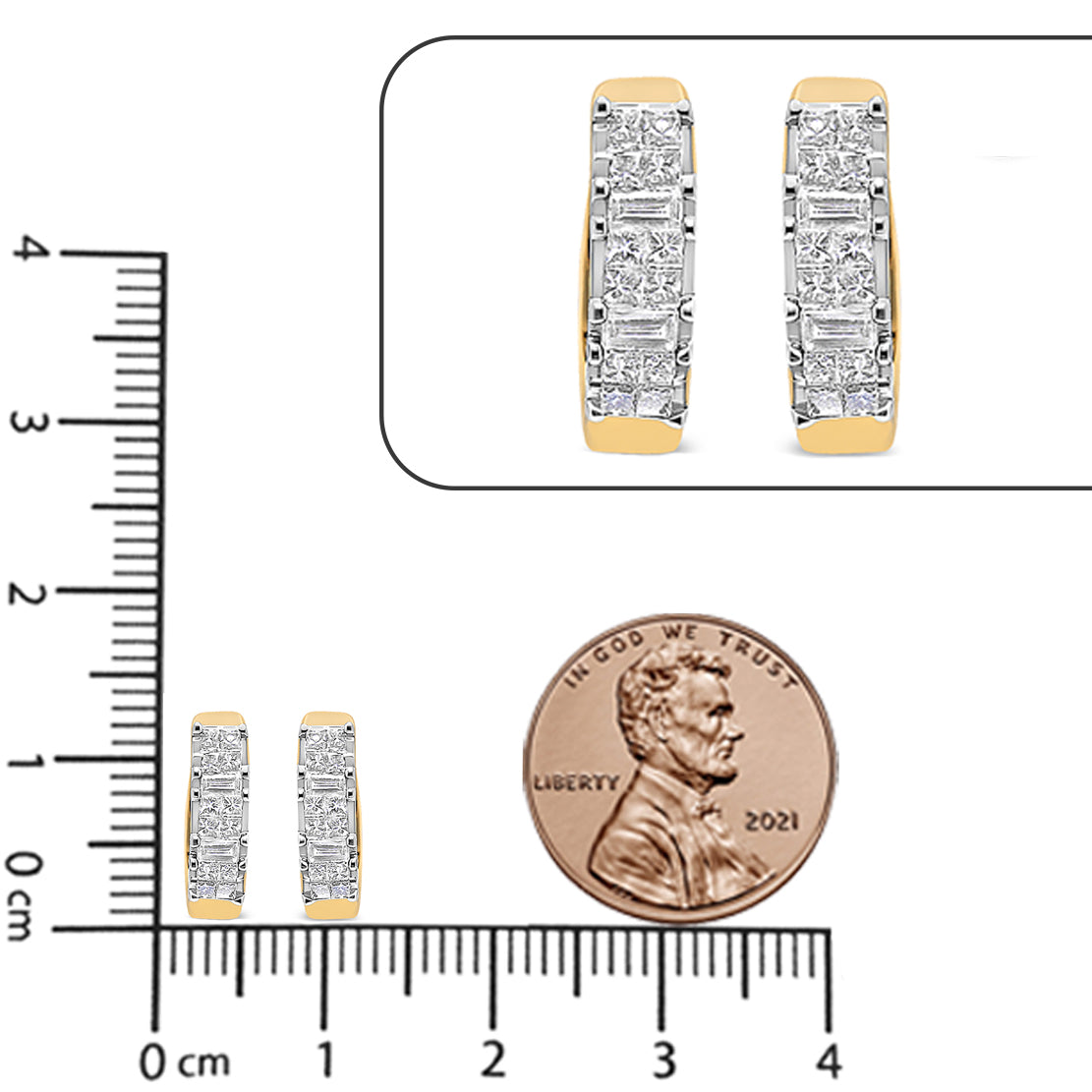 Pair of yellow metal earrings with rows of white gemstones in baguette and princess shapes, shown from front angle on a ruler and next to a penny for size reference.