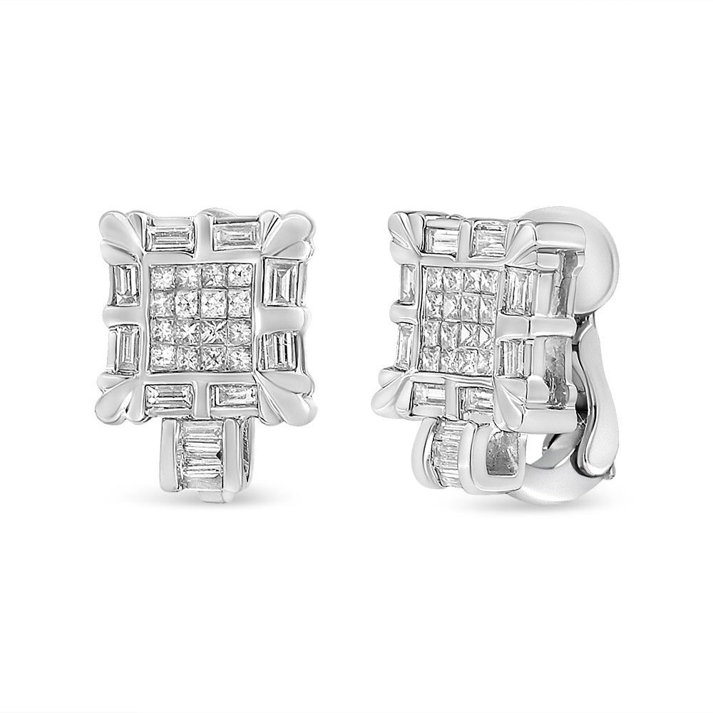 Front and angled side view of white metal square earrings featuring a cluster of white princess-shaped gemstones in the center with an outer border of baguette-shaped gemstones in channel setting.