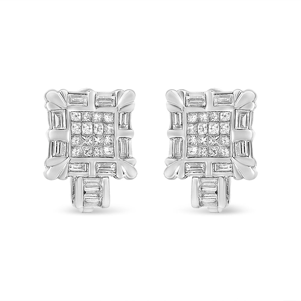 Front-facing view of a pair of white metal earrings with a square cluster of white princess shape gemstones in the center, surrounded by white baguette shape gemstones in a channel setting, with additional baguette gemstones at the bottom.