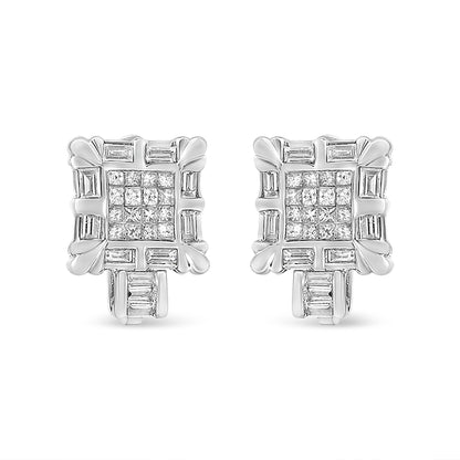 Front-facing view of a pair of white metal earrings with a square cluster of white princess shape gemstones in the center, surrounded by white baguette shape gemstones in a channel setting, with additional baguette gemstones at the bottom.