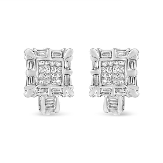 Front-facing view of a pair of white metal earrings with a square cluster of white princess shape gemstones in the center, surrounded by white baguette shape gemstones in a channel setting, with additional baguette gemstones at the bottom.