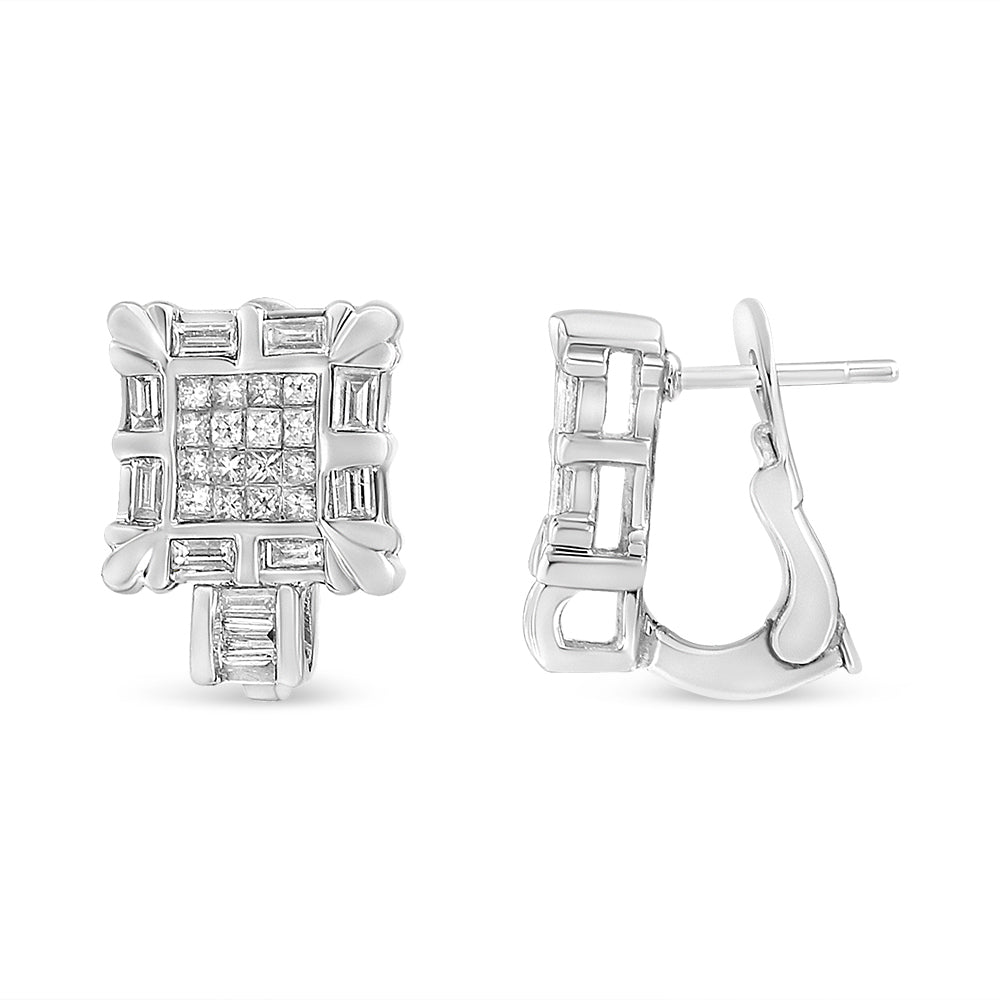 Pair of white metal earrings with square clusters of white gemstones in the center, surrounded by baguette-shaped white gemstones in channel settings, shown from front and side angles on a white background.