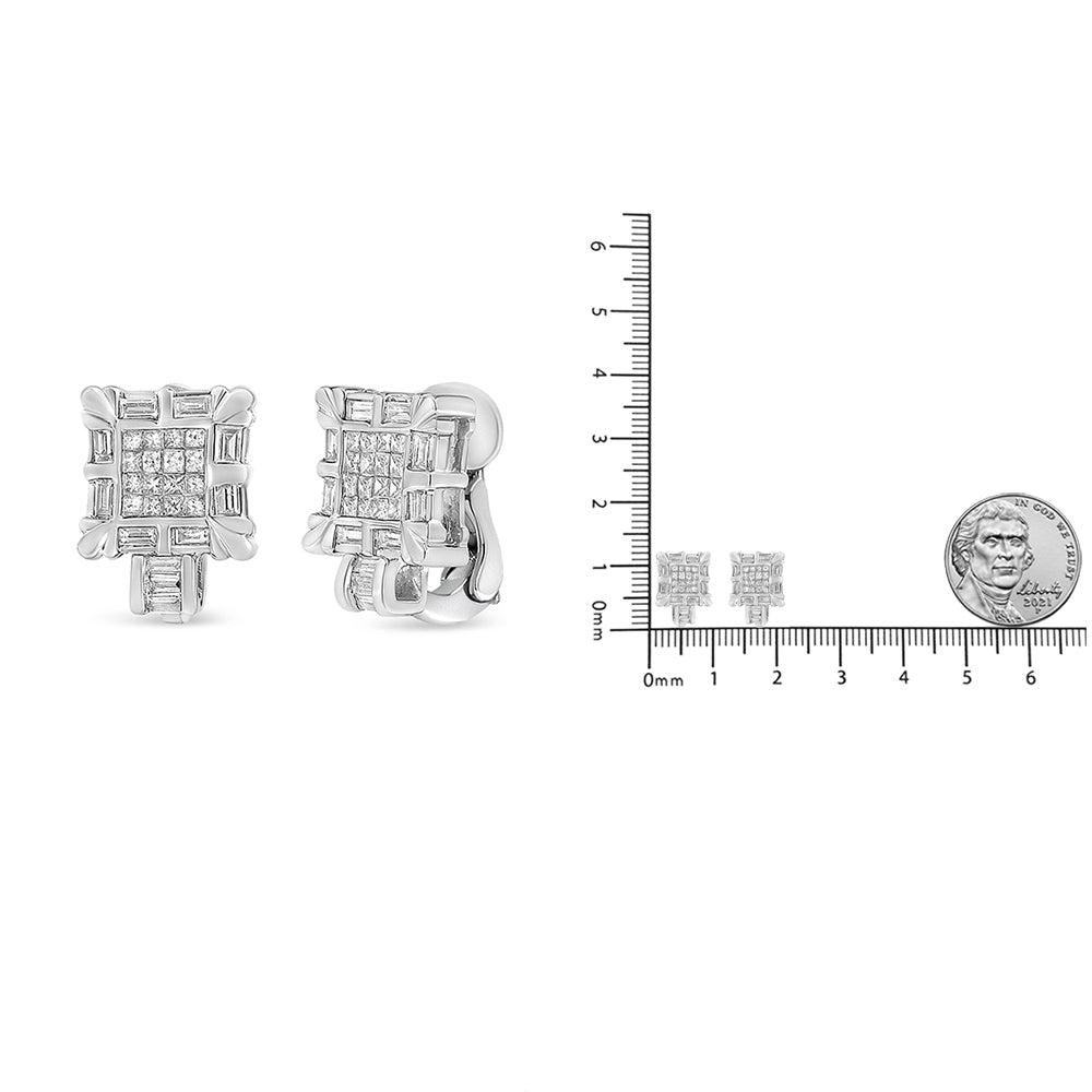 Pair of white earrings with square shapes featuring small white gemstones in invisible and channel settings, shown from the front and side angles next to a ruler and coin for size reference.