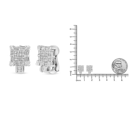 Pair of white earrings with square shapes featuring small white gemstones in invisible and channel settings, shown from the front and side angles next to a ruler and coin for size reference.