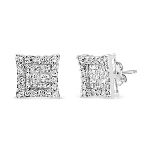 Front and side angle view of square white metal stud earrings with round white gemstones in a pave setting surrounding princess-shaped white gemstones in an invisible setting.