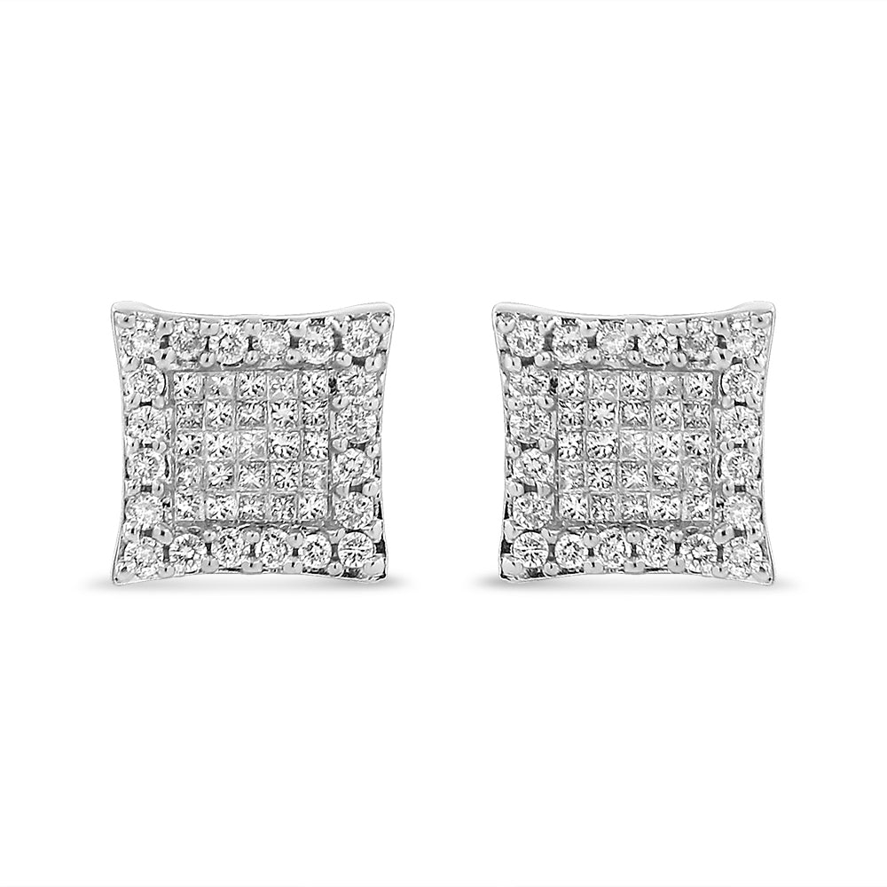 Front view of square-shaped white metal stud earrings featuring round pave set white gemstones around the edges and princess shape invisible set white gemstones in the center.