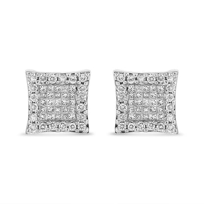 Front view of square-shaped white metal stud earrings featuring round pave set white gemstones around the edges and princess shape invisible set white gemstones in the center.