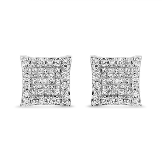 Front view of square-shaped white metal stud earrings featuring round pave set white gemstones around the edges and princess shape invisible set white gemstones in the center.