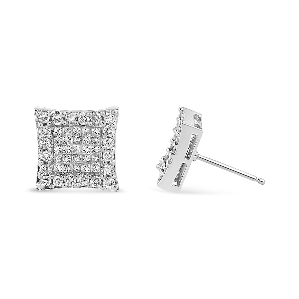 Front and side angled view of square-shaped white metal stud earrings featuring round pave-set and princess invisible-set white gemstones.