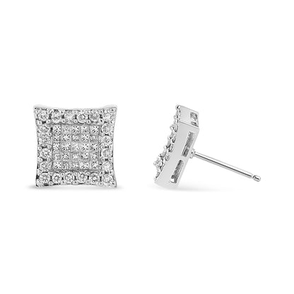 Front and side angled view of square-shaped white metal stud earrings featuring round pave-set and princess invisible-set white gemstones.