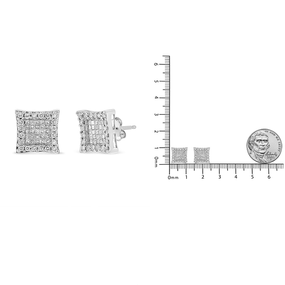Front and side view of square white metal stud earrings with round pave and princess invisible set white gemstones, shown next to a ruler and a coin for size reference.
