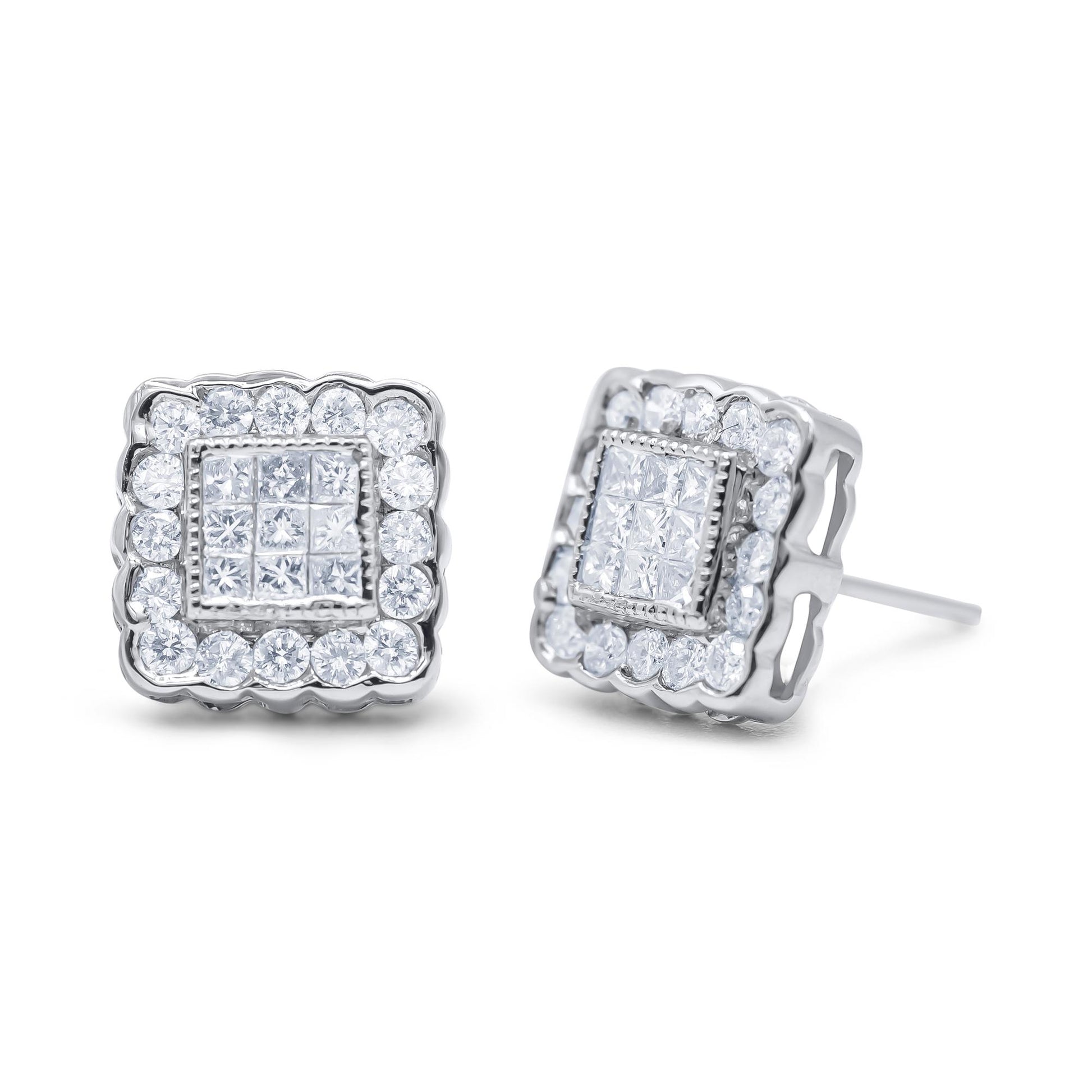 Pair of white metal square stud earrings with round channel-set white gemstones around the edges and princess-shaped invisible-set white gemstones in the center, shown at a slight angle on a white background.