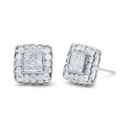 Pair of white metal square stud earrings with round channel-set white gemstones around the edges and princess-shaped invisible-set white gemstones in the center, shown at a slight angle on a white background.