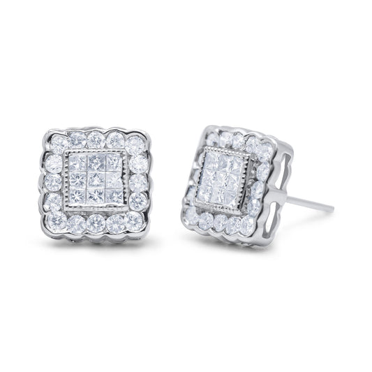 Pair of white metal square stud earrings with round channel-set white gemstones around the edges and princess-shaped invisible-set white gemstones in the center, shown at a slight angle on a white background.