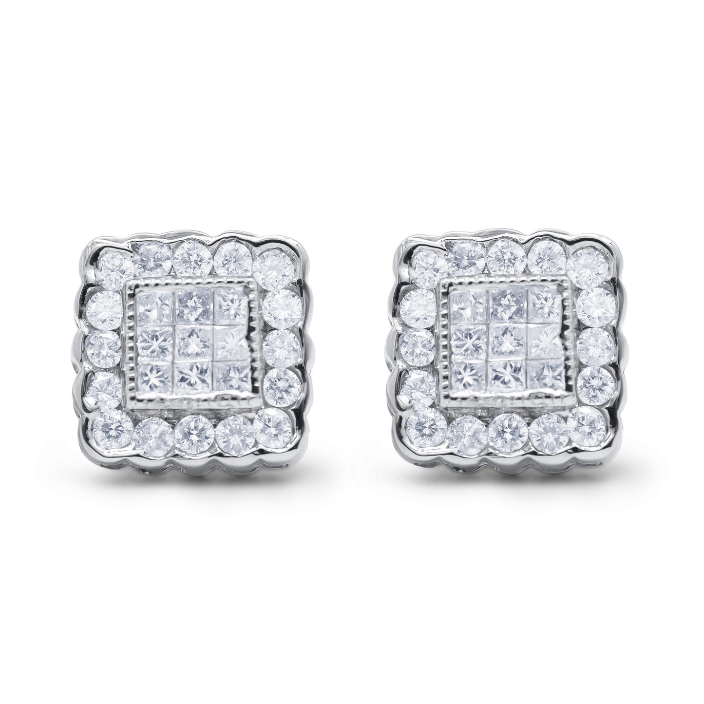 Pair of white metal square-shaped earrings with round gemstones in channel setting surrounding princess-shaped gemstones in invisible setting, shown from the front.