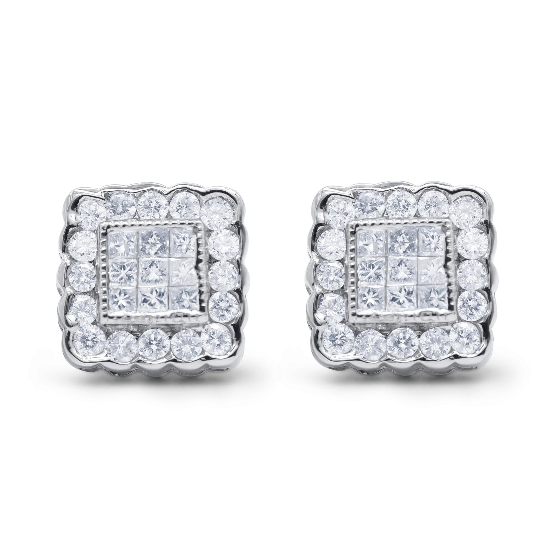 Pair of white metal square-shaped earrings with round gemstones in channel setting surrounding princess-shaped gemstones in invisible setting, shown from the front.