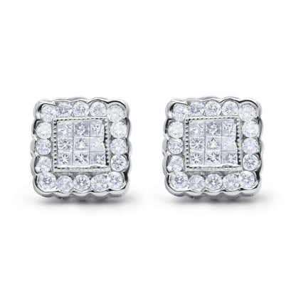 Pair of white metal square-shaped earrings with round gemstones in channel setting surrounding princess-shaped gemstones in invisible setting, shown from the front.