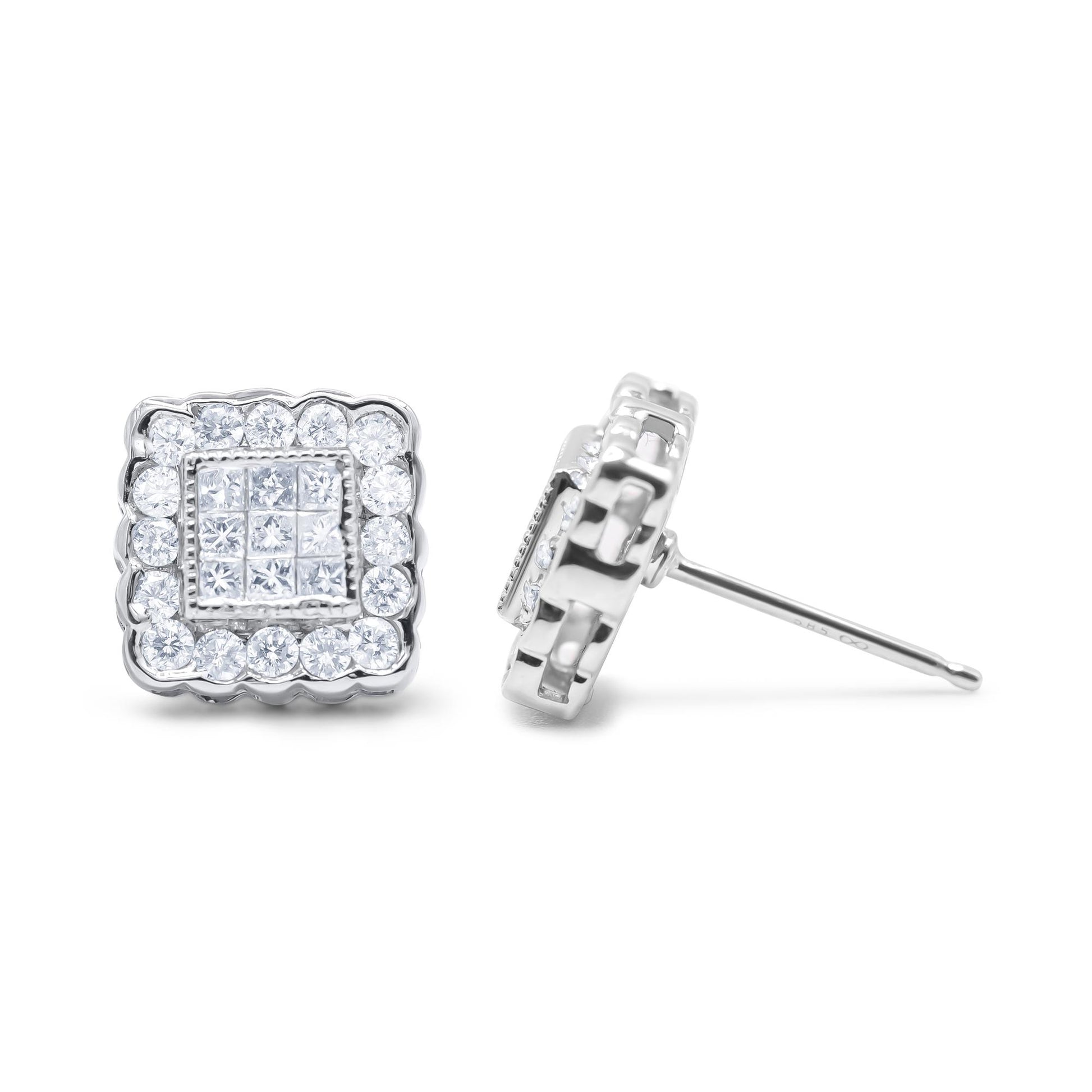 Pair of white metal square stud earrings with round and princess shape white gemstones, shown from front and side angles on a white background.