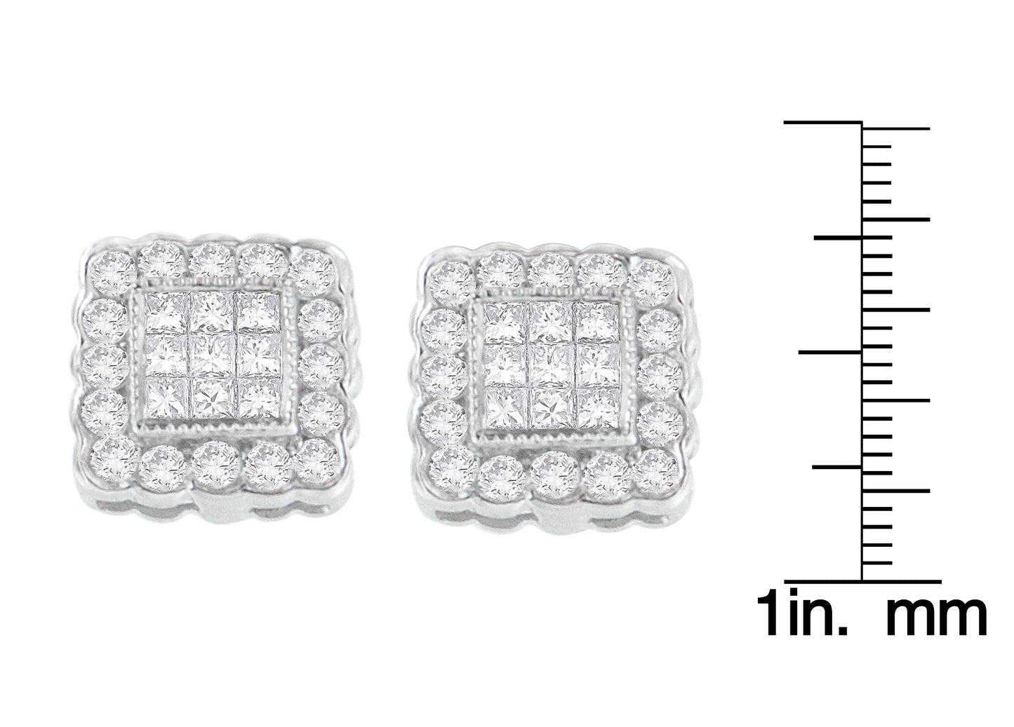 Pair of white metal square-shaped earrings with round gemstones in a channel setting surrounding princess-shaped gemstones in an invisible setting, shown from the front on a white background with a ruler for size reference.