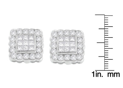 Pair of white metal square-shaped earrings with round gemstones in a channel setting surrounding princess-shaped gemstones in an invisible setting, shown from the front on a white background with a ruler for size reference.