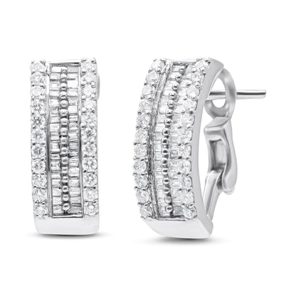 Pair of white metal earrings with curved rectangular shape, featuring rows of round pave-set white gemstones on the edges and channel-set baguette-shaped white gemstones in the center, shown at a front and side angle.