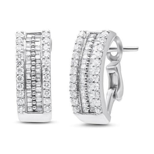 Pair of white metal earrings with curved rectangular shape, featuring rows of round pave-set white gemstones on the edges and channel-set baguette-shaped white gemstones in the center, shown at a front and side angle.