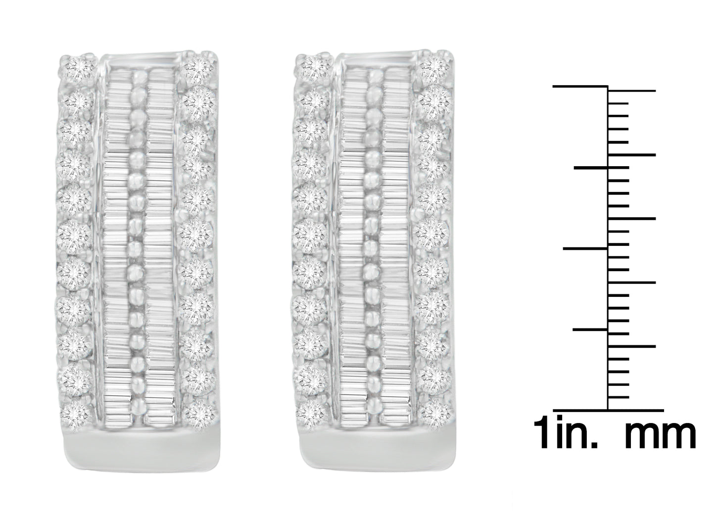 Pair of white metal earrings with a combination of round pave set white gemstones on the edges and channel set baguette white gemstones in the center, shown in a front-facing view next to a ruler for size reference.