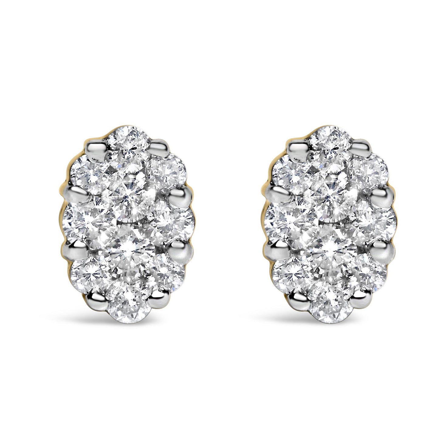 Front view of yellow metal oval cluster earrings with round white gemstones in prong settings.