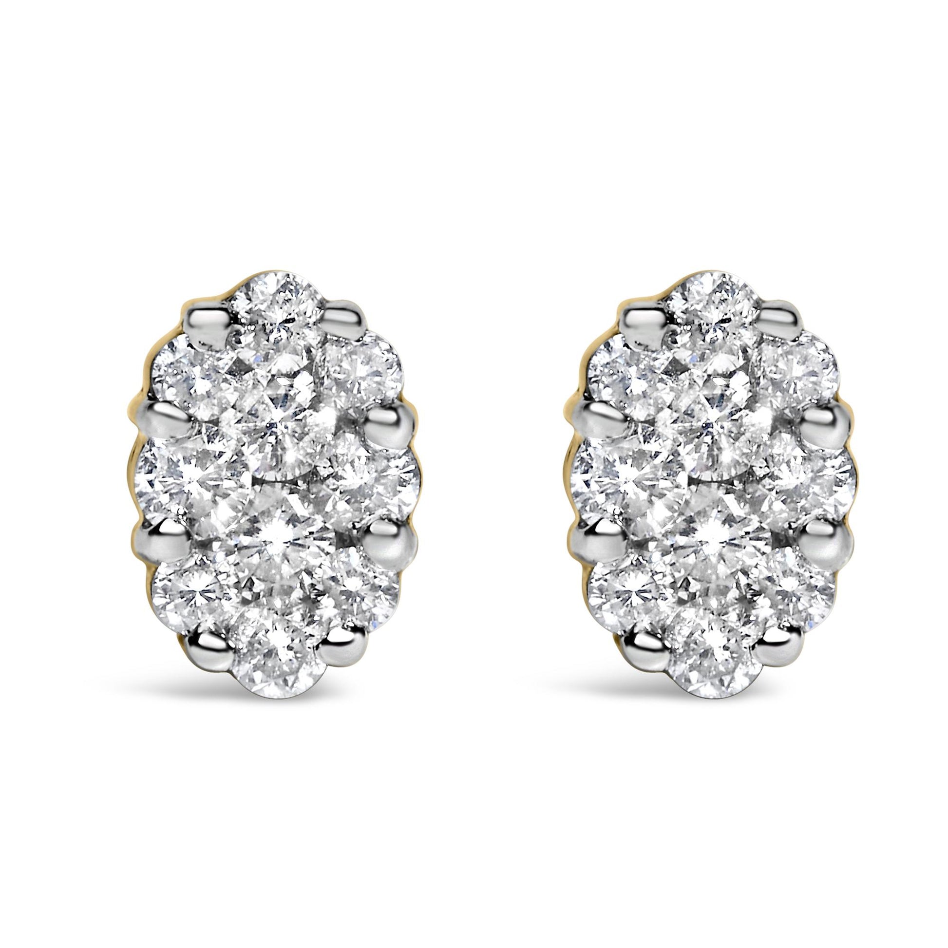 Front view of yellow metal oval cluster earrings with round white gemstones in prong settings.