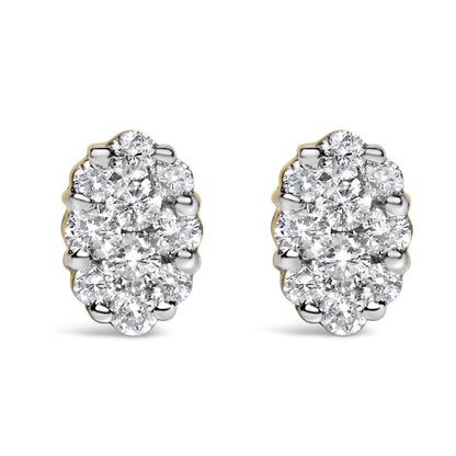 Front view of yellow metal oval cluster earrings with round white gemstones in prong settings.