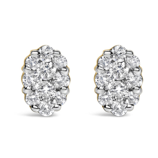 Front view of yellow metal oval cluster earrings with round white gemstones in prong settings.