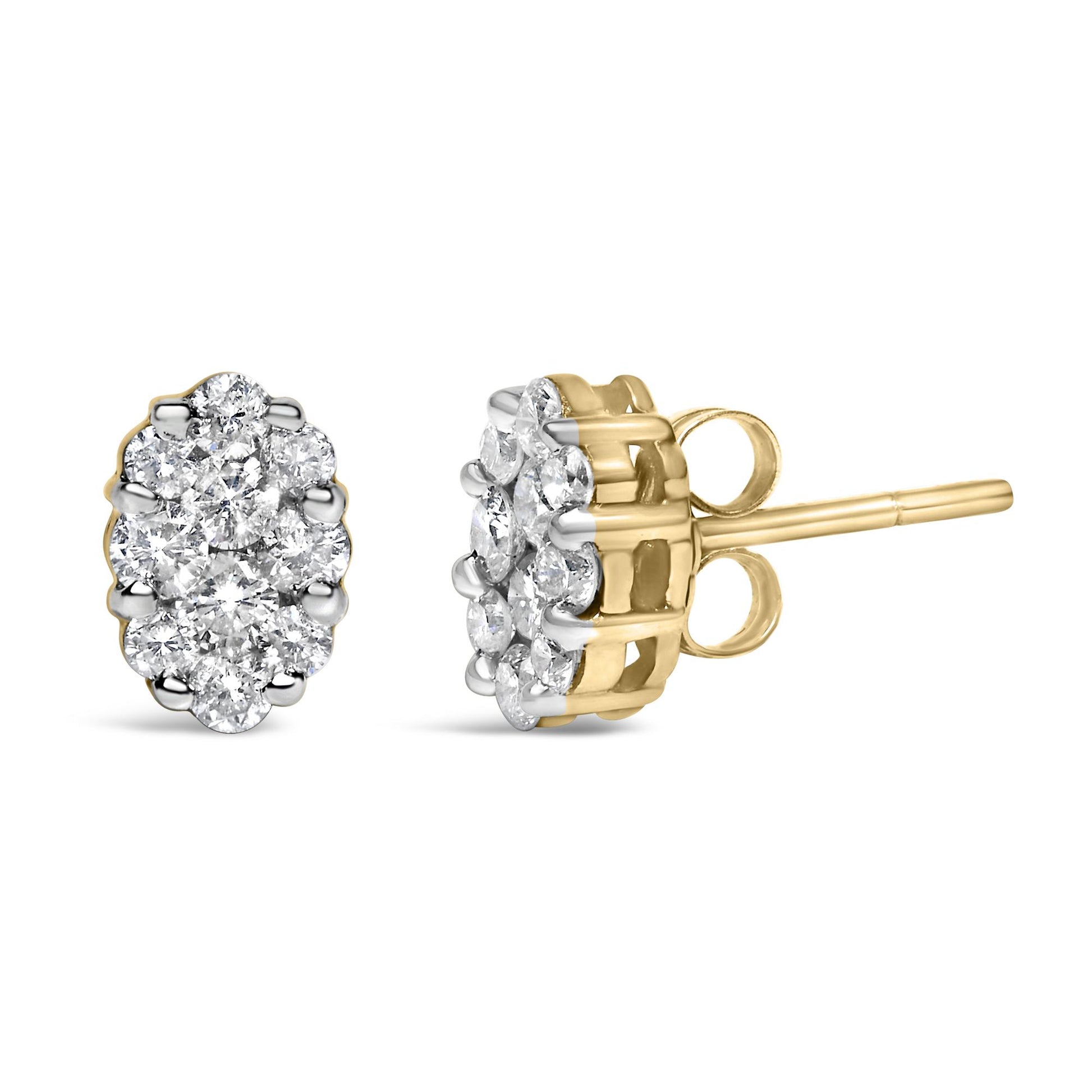 Front and side view of yellow metal stud earrings cluster with round white gemstones in prong setting, shown against white background.