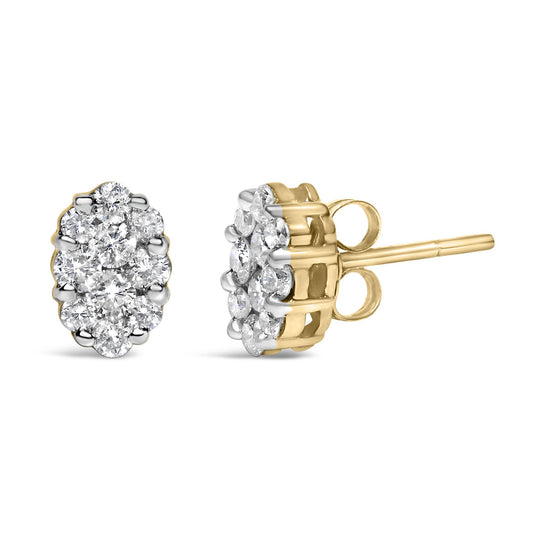 Front and side view of yellow metal stud earrings cluster with round white gemstones in prong setting, shown against white background.